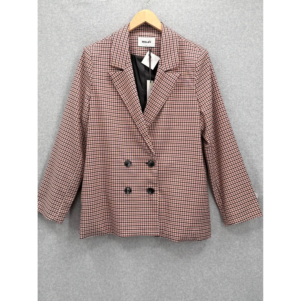 Rolla's Downtown Check Blazer Womens Size 12 Large Brown Plaid Double Breasted - Picture 3 of 14